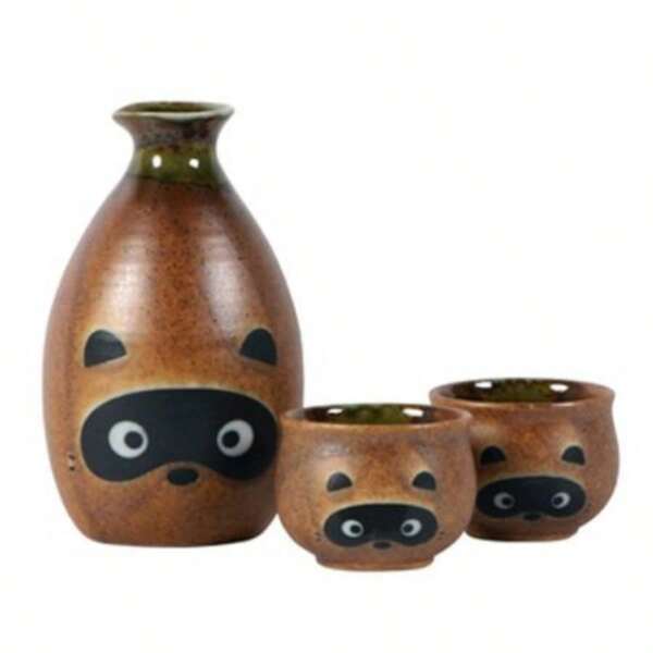 Company 3Piece Tanuki Raccoon Sake Set With 2 Cups
