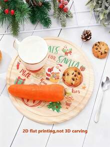 1pc 2D Santa Claus And Reindeer Wooden Round Tray, Round Christmas Snack Tray, Snack Tray, Charming Vintage Style With Gingerbread Man, Carrot, Berry And Other Patterns, Suitable For Snacks, Pastries, Fruits, Snack Tray, Perfect For Home Decoration, Seasonal Decoration, Christmas Party