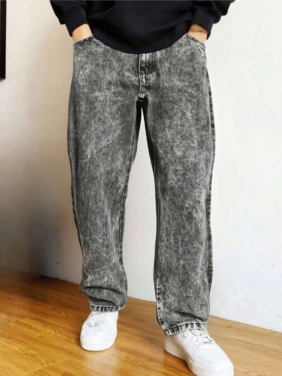 Men's Balloon Jeans, Loose Fit, Pockets, Zipper, Button - 深灰色 - 查看 1