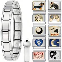 Silver Stainless Steel 6.75 Inch Italian Charm Bracelet Starter With Opening Interchangeable 9mm Modular Nomination Bracelet Jewelry Women Men - Bộ 10 mặt dây chuyền bạc A - Xem 1