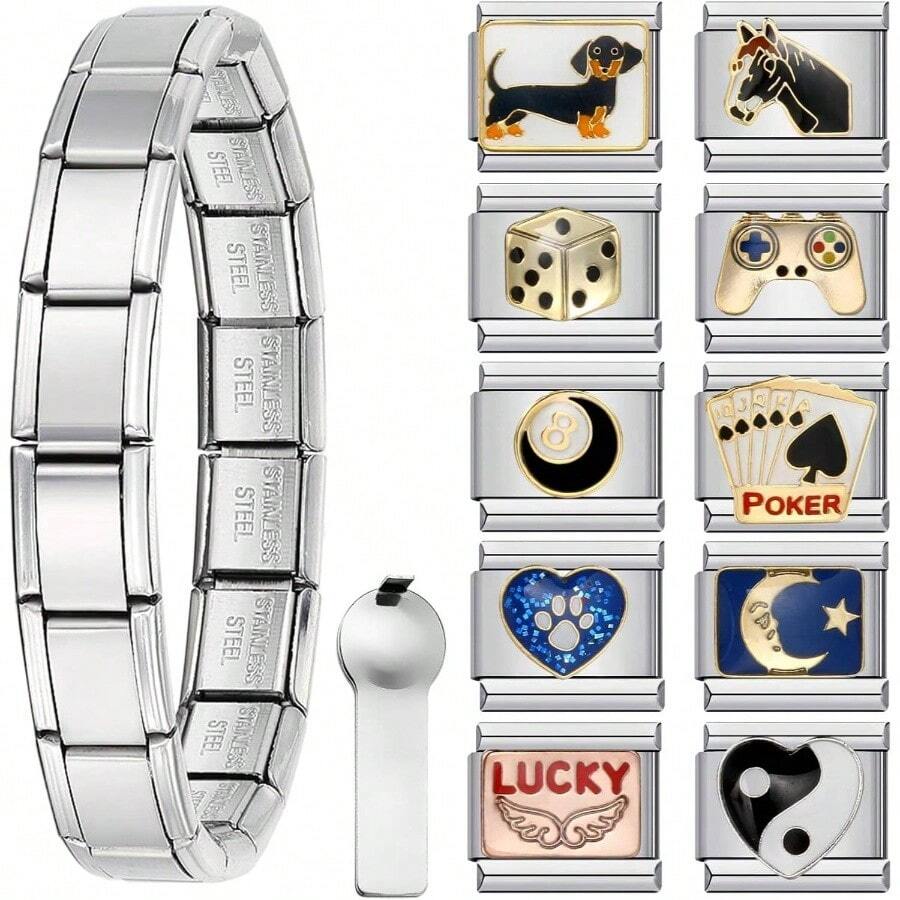 Silver Stainless Steel 6.75 Inch Italian Charm Bracelet Starter With Opening Interchangeable 9mm Modular Nomination Bracelet Jewelry Women Men - Bộ 10 mặt dây chuyền bạc A - Xem 1
