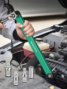 Adjustable Dual-Head Ratchet Extension Wrench, Includes 4 Adapter Heads, Suitable For Automotive/Motorcycle/Equipment Repair, Socket Extension, Lever Wrench, Torque Wrench - Green - View 2