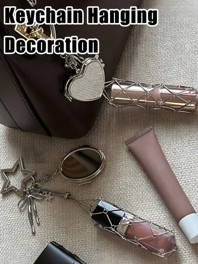 Metal Lipstick Holder Bag Charm With Replaceable& Stainless Steel Net Pocket, Heart & Star Decor Lipstick Case Keychain With Mini Mirror, Fashionable Hanging Decoration For Lip Balm & Cosmetics, Stylish Bag Pendant For Handbags & Purses, Portable Makeup Accessory For Women, Girls, Beauty Lovers & Gift-Giving