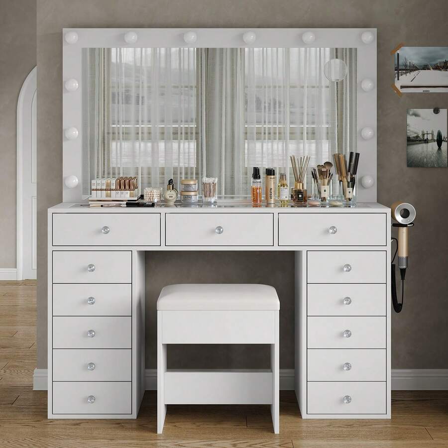 FUSOU 13 Drawers Vanity Desk, 47''W Makeup Vanity With Power Outlet, Vanity Table With Mirror And 12 LED Bulbs, 3 Color Lighting Modes, Glass Top, Dressing Table For Bedroom - View 1