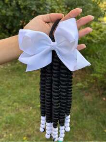 1PC Ponytail Extensions, Band Braids With Beads, Sweet Hair Extension For , Springy Twist Ponytails With Hair Bows - Black - View 11