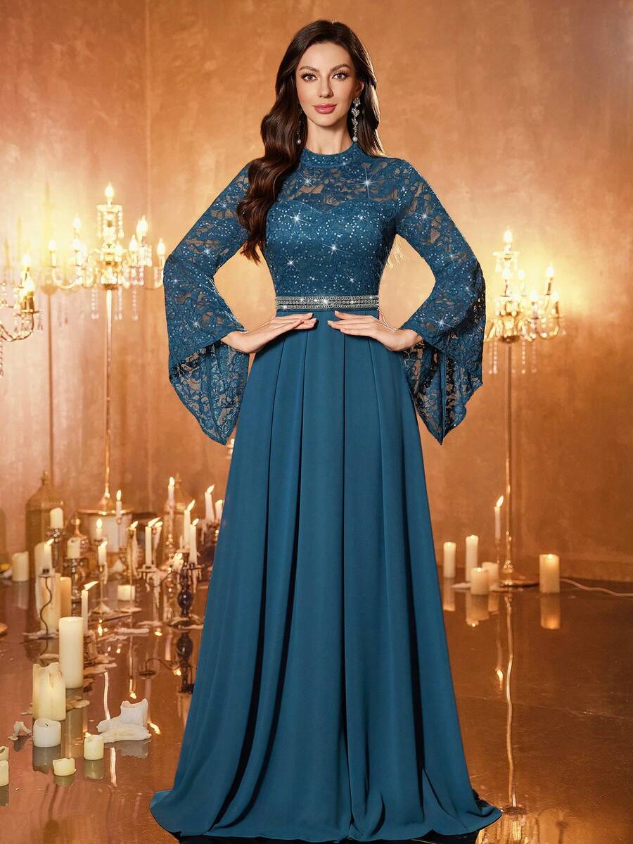 MIUSOL 亮片花卉蕾丝高领喇叭袖荷叶边雪纺正式派对长裙，优雅春季款