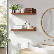 12 Small Floating Wall Ledge Shelves With Lip - Set Of 2 Wood Floating Shelves - Honey Brown Wall Mounted Picture Ledge Office, Bathroom, Bedroom, Living Room, Kitchen - Honey Brown + 12" - View 3