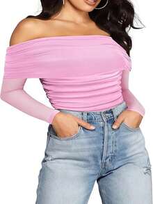 Women's Off The Shoulder Long Sleeve Tops Slimming Top Sheer Mesh Ruched Blouse Going Out Shirts Fall Outfits - Pink - View 4