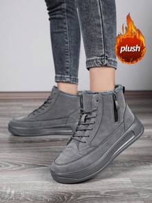 女士高帮雪地靴，保暖内衬，加厚，拉链，皮革材质，保暖，防水，户外，中筒，时尚，百搭，防滑，男女通用冬季靴，轻便，中帮，休闲运动鞋