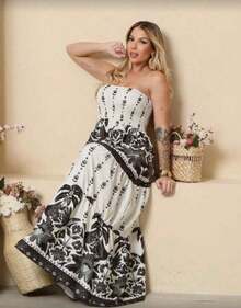 July Strapless Tropical Dress In Various Prints, 2025 Collection - T. blanco y negro - Ver 4