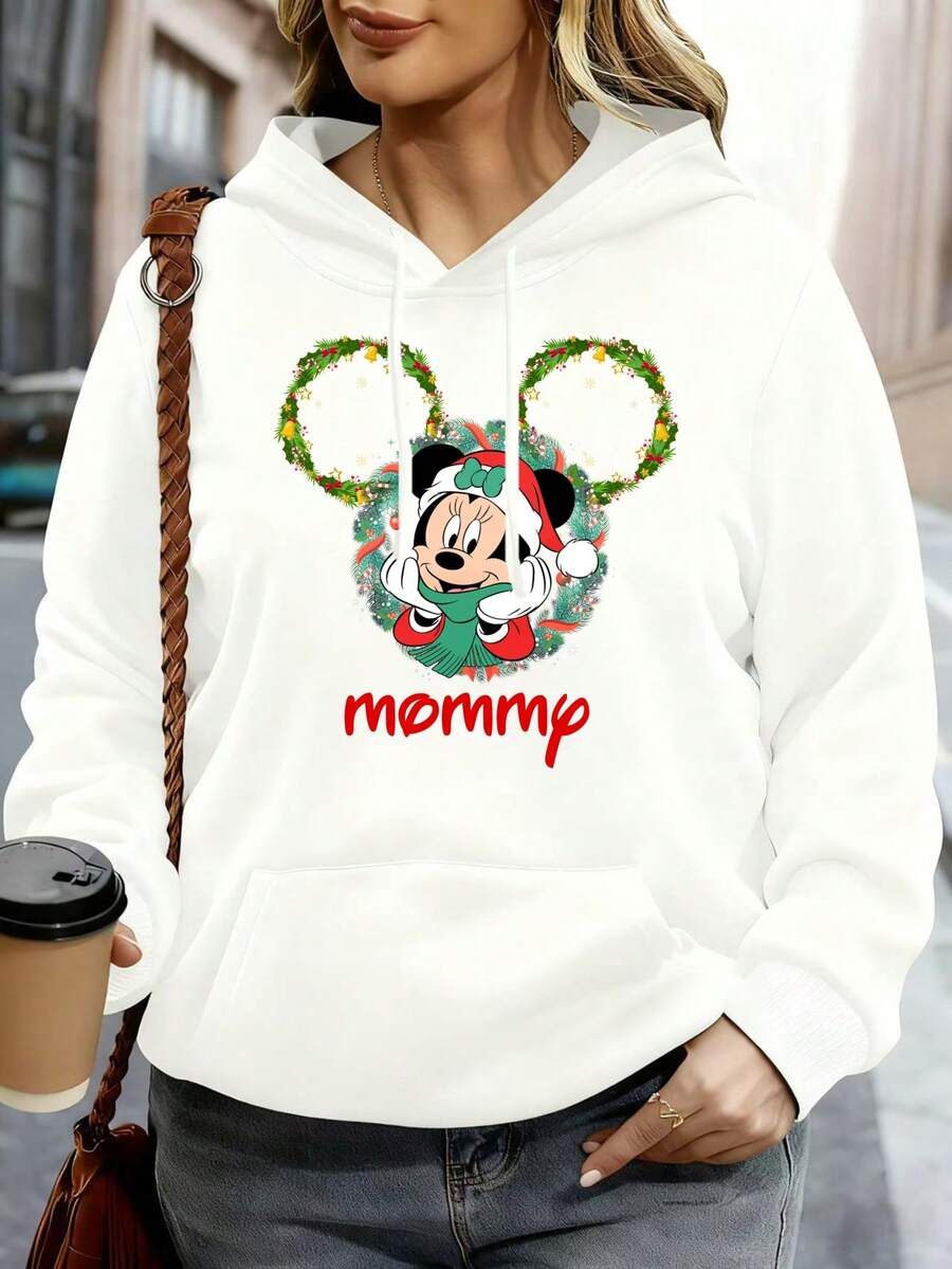 Disney Women Hoodie White Minnie Mouse Christmas Wreath Mommy Print Holiday Casual Wear - trắng - Xem 1