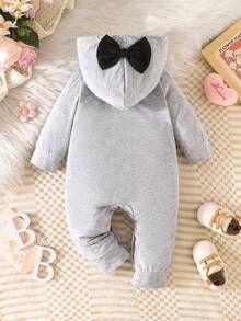 Baby Girls' Minimalist Comfortable Spring/Autumn New Letter Print Hooded Bow Decor Long Sleeve Jumpsuit - Light Grey - View 2