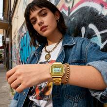 Casio ساعة رقمية رياضية، ساعة بسوار من الفولاذ المقاوم للصدأ بتصميم ريترو وقرص مربع، تقويم ومنبه وساعة إيقاف، مقاومة للماء للاستخدام اليومي، مناسبة للاستخدام اليومي - الذهبي والأسود - مشاهدة 7