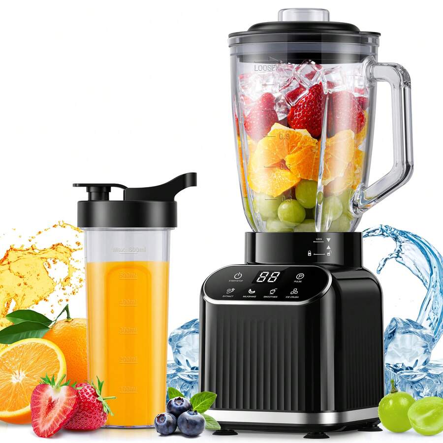Professional Blender For Smoothies, 1200 Peak Watts Countertop Juicer, 5 Functions, 52 Oz Glass Jar & 24 Oz To-Go Cup Combo, Blenders For Smoothies, Ice And Frozen Fruit, Self-Cleaning, Black. - 美規A型插(110-127V) - 查看 1