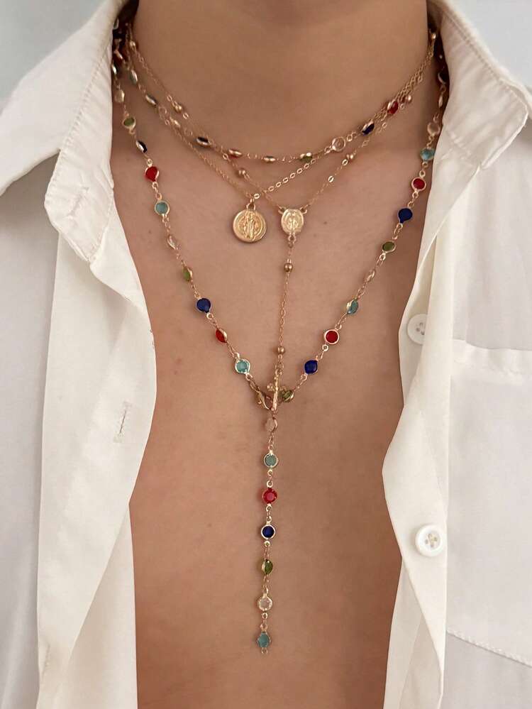 3/4pcs Vintage Luxury Colorful Crystal Y-Shaped Necklace, Men's Punk Metal Jesus Cross Pendant Long Necklace Set - Style 1 - View 14