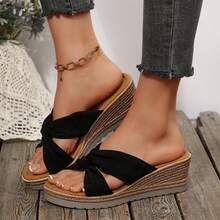 Beach Vacation Wedges Heels Women's Sandals Summer Bow-Knot Flats Wear-Resistant Travel Slippers Shoes Platform Sandals Summer Outdoor Walking - 黑色 - 查看 3