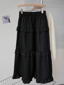 女士时尚休闲长裙，荷叶边装饰，春夏款 - 黑色 - 查看 2