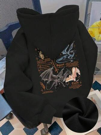 sweat-shirt à capuche ample et décontracté pour femmes grandes tailles, avec motif de texte de style château de dragon, pour l'automne et l'hiver