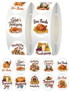 500Pcs/Roll Festive Thanksgiving Stickers Roll - 10 Patterns Repeating, Cute Turkey Pie Themed Decals For Phone Metal Stickers, School Pencil Case, Gift Wrapping & DIY Crafts Supplies - Multicolor - View 1