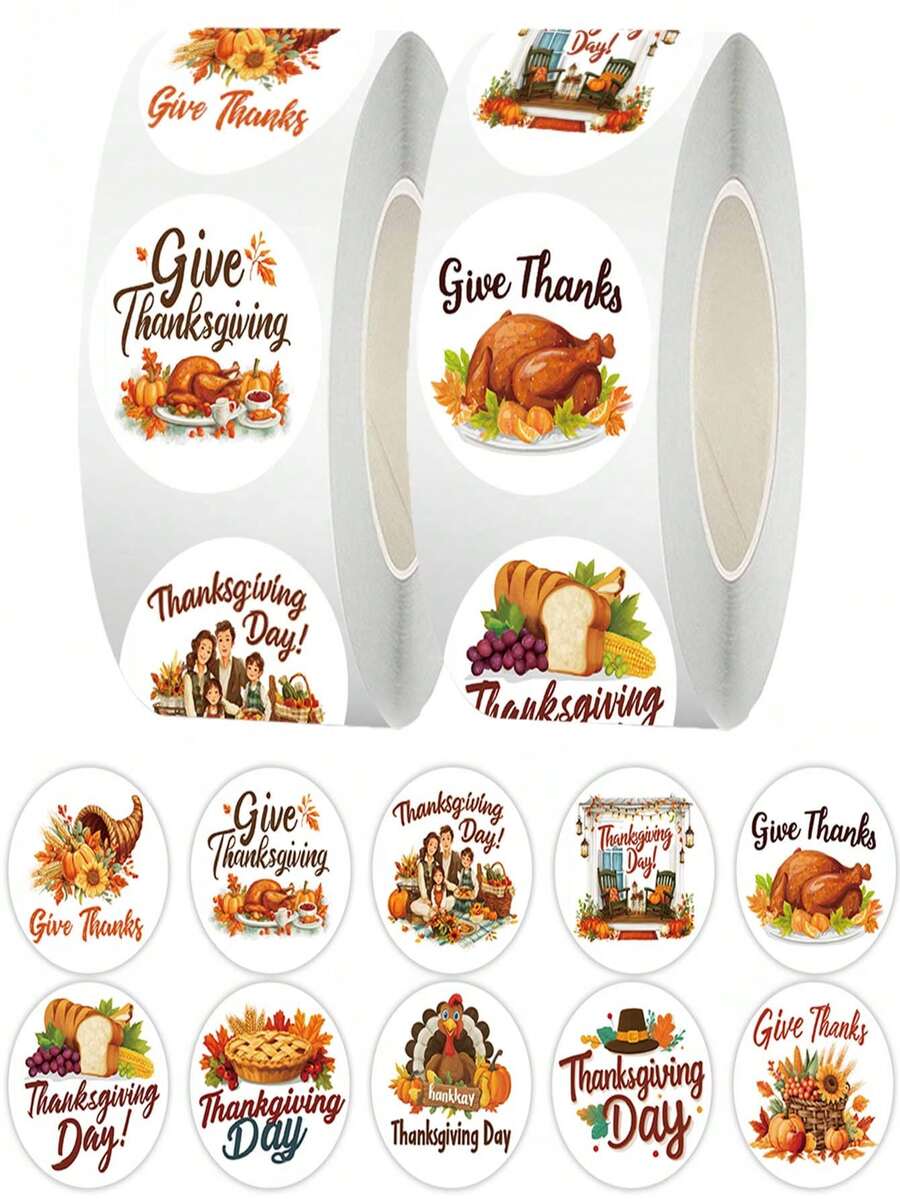 500Pcs/Roll Festive Thanksgiving Stickers Roll - 10 Patterns Repeating, Cute Turkey Pie Themed Decals For Phone Metal Stickers, School Pencil Case, Gift Wrapping & DIY Crafts Supplies - Multicolor - View 1