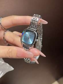 1 pieza Reloj de mujer vintage de acero inoxidable plateado con esfera cuadrada pequeña, reloj de pulsera de cuarzo minimalista, elegante y de lujo, adecuado para uso diario, fiestas y otras ocasiones