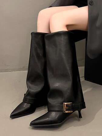 Höst/vinter Nya Mode Mångsidiga Spetsiga Ridstövlar, Hög Skaft Metallspänne Dekor, Smal Hög Klack, Stövlar Raka Skaft, Högklackade Stövlar, Moderiktiga Stövlar, Over-The-Knee Stövlar, Slanka Höga Stövlar, Ovanför Knäet, Höga Stövlar Lämpliga För Musikfestivaler, Halloween