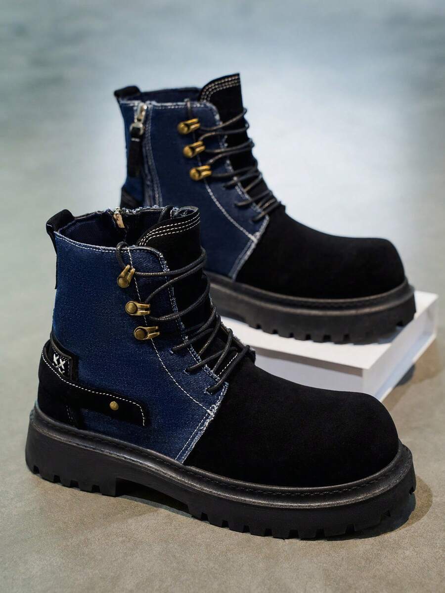 男女通用户外徒步靴，休闲复古百搭厚底鞋，时尚牛仔西部风格 - 藍色 - 查看 1