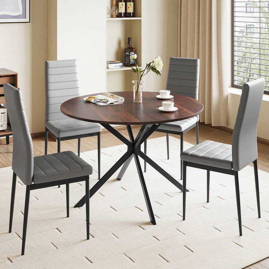 Dining Table And Chairs Set Of 2/4, Folding Round Dining Table With 2 PU Leather Chairs For Dining Room,Kitchen,Living Room - 棕色圓桌+4灰色橫線椅 - 查看 1
