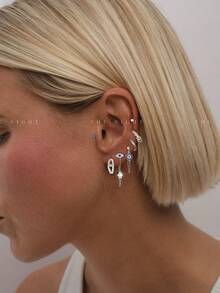 一套7件优雅海军蓝魔鬼眼锆石耳环和耳钉套装，适合派对、节日、约会或婚礼佩戴。 - 銀色 - 查看 1