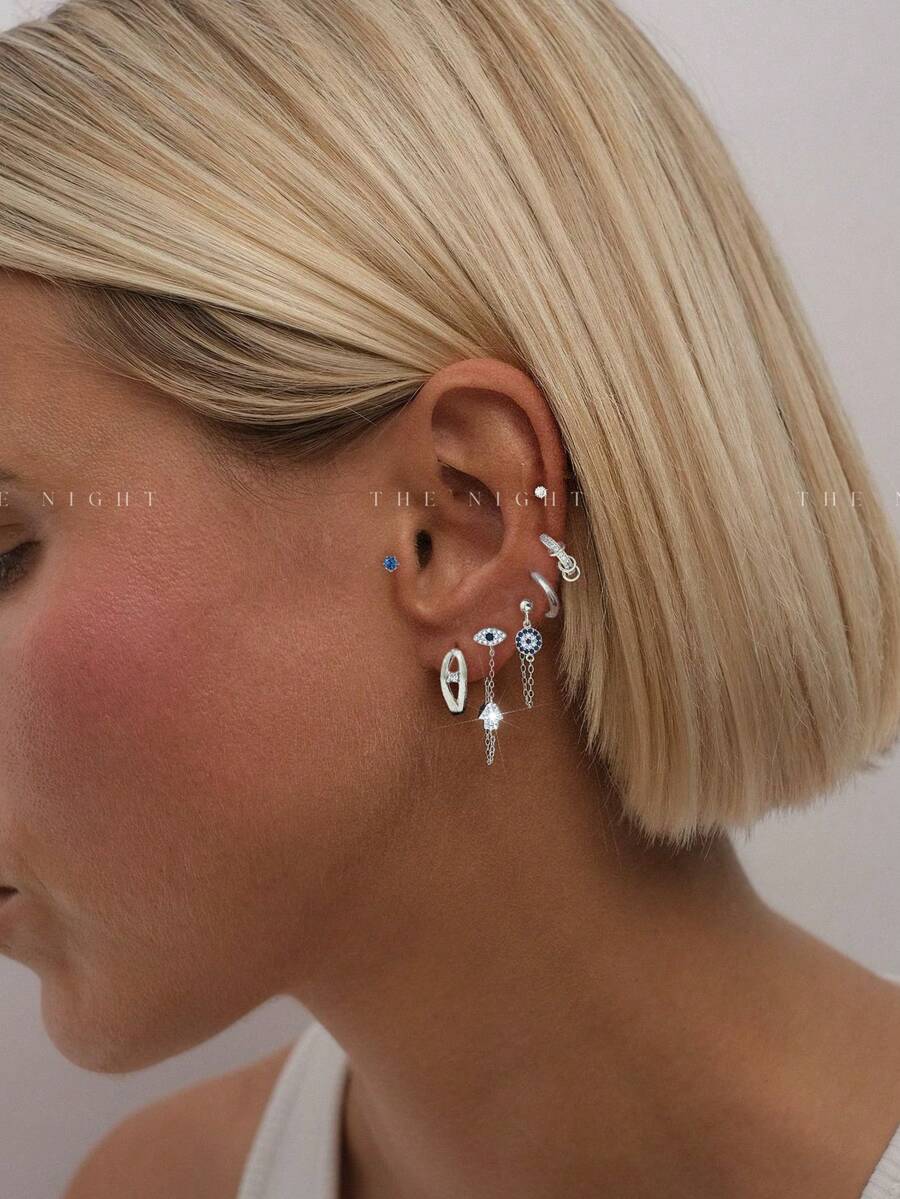 一套7件优雅海军蓝魔鬼眼锆石耳环和耳钉套装，适合派对、节日、约会或婚礼佩戴。 - 銀色 - 查看 1