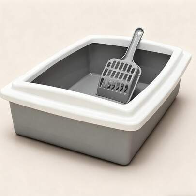 1pc Gray Cat Litter Box With Scoop, Splash-Proof Double Layer Design, Easy To Clean Pet Supplies