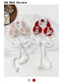 1个Y2K风格蕾丝蝴蝶结流苏针织渐变色耳罩，手工舒适蓬松耳套，适合冬季，学生白色耳罩 - 彩色 - 查看 13