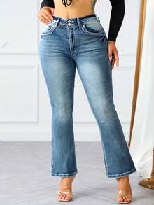 Women's Flare Jeans - Butt Lifting Stretch Denim Pants With Double Button & Distressed Back Pockets, Vintage Wash Casual Chic For Women - 中等水洗藍 - 查看 4