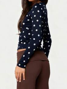 Women Long Sleeve Shirts Dots Print Slim Fit Tops Basic Tee 2025 Fall Outfits Casual T-Shirt Underscrubs Layer Clothes - 黑色 - 查看 3