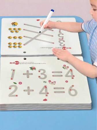 47页思维启蒙练习握笔训练本，大豆油墨印刷可重复使用魔法练习本，蒙特梭利教育绘画本，男女通用可擦写练习本，适合亲子教育数字字母认知，儿童节圣诞礼物（橡皮和笔的款式/颜色随机，笔记本不包含笔和橡皮）