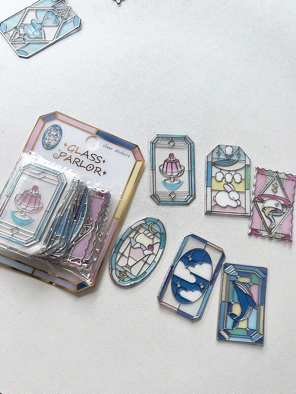 Vintage gefärbte Glas-Aufkleber im japanischen Stil, 3D-geprägte Metallfolie-Aufkleber, Glas-Fensterblumen-Aufkleber, süße Cartoon-transparente Glas-Aufkleber, geeignet für DIY-Tagebuch- und Lesezeichen-Dekoration