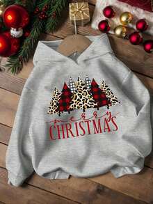 Sudadera navideña estampada "Merry Christmas" con árboles de leopardo y cuadros rojos | Moderna, cómoda y festiva - Gris - Ver 1