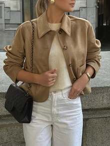 Women's Solid Color Single-Breasted Raglan Sleeve Casual Jacket Spring - Khaki - View 4