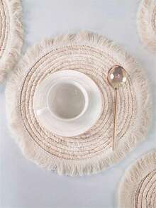 1入組現代簡約風格編織餐墊配流蘇，厚實隔熱杯墊，餐桌墊露營必備 - 杏色 - 查看 7