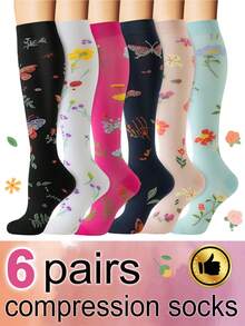 6 双女士压缩袜，花卉 Scocks 透气高筒压缩袜，适合跑步、健身、跳绳、骑行、运动