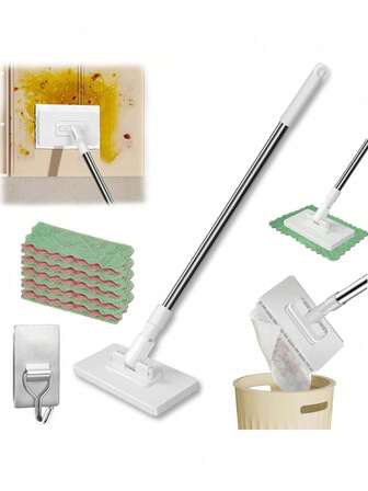 1pc Hands-Free Mop Holder With Detachable Microfiber Cloth, Automatic Wet/Dry Wipe Dispenser, Reusable Squeeze Mop Pad. Suitable For Wet & Dry Disposable Pads, Multi-Surface Floor Drainage Cleaning For Home, Walls, Bathroom, Toilet, Corners, Windows, Etc.