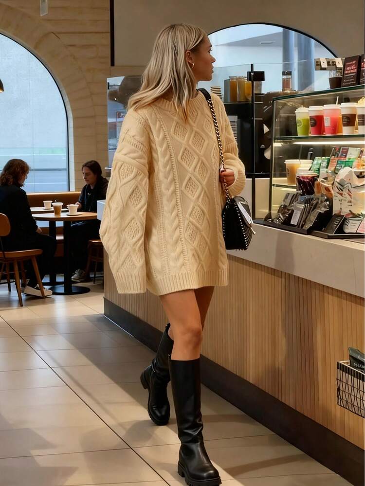 女士秋冬新款法式风格服饰：优雅、复古、千禧年风、时尚、休闲、日常、街头风，宽松麻花针织罗纹毛衣，宽松版型，休闲舒适，适合通勤，长款毛衣，保暖毛衣，机场休闲毛衣，圣诞毛衣 - 杏色 - 查看 3