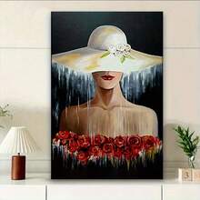 1pc Mysterious Lady With White Hat Canvas Wall Art - Red Lips & Roses Abstract Painting, Contemporary Classic Art Deco Vertical Framed Artwork, Ready To Hang High Quality Canvas For Living Room, Bedroom, Office Decor - 白色 - 查看 3