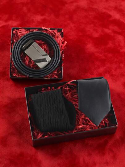3 Piecesmen's Set With A Belt, A Stylish Tie, And Socks (No Gift Box); Perfect For Accessorizing, The Belt Suits Business Casual, Grooms, Valentine's Day, Christmas, Halloween, And Year-Round Wear, Making It An Ideal Gift.