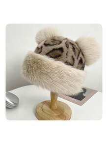 2pcs/Set Leopard Print Vintage Cute Faux Fur Patchwork Hat Combo, Mongolian Style Fluffy Warm Earmuffs Hats For Women, Autumn/Winter