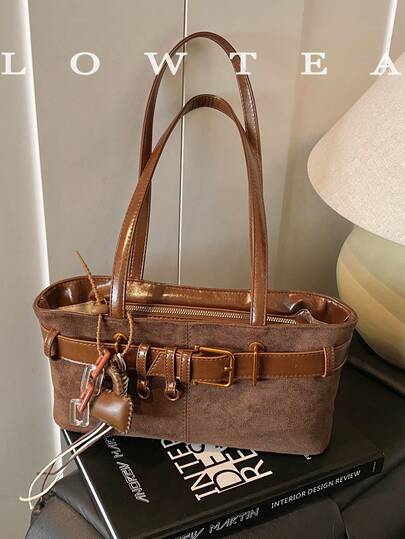  1 件 Low Tea 纯色绒面革单肩包，女士复古时尚方形单肩包，顶部双提手，拉链开合，适合旅行、购物、约会、女士礼物，非常适合通勤、户外、旅行、徒步旅行