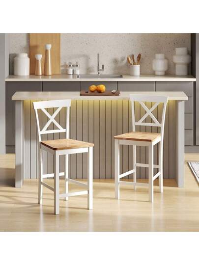HOMCOM Set Of Bar Stools Backrest Footrest, Rubberwood, Kitchen, Dining Room, Bar, Oak+White view 4