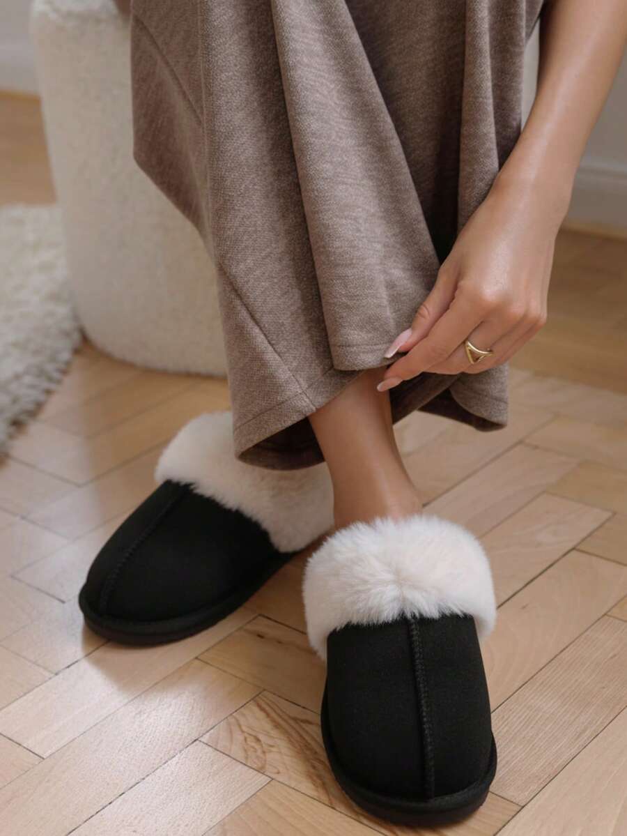 Winter Casual Versatile Simple Thermal Lined Warm House Slippers - Black - View 1