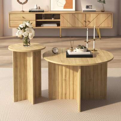 Modern 2-Piece Wooden Nesting Table Set: Round Coffee Tables And Side Tables In A Scandinavian Design, Space-Saving And Versatile, Sturdy MDF/PB Construction