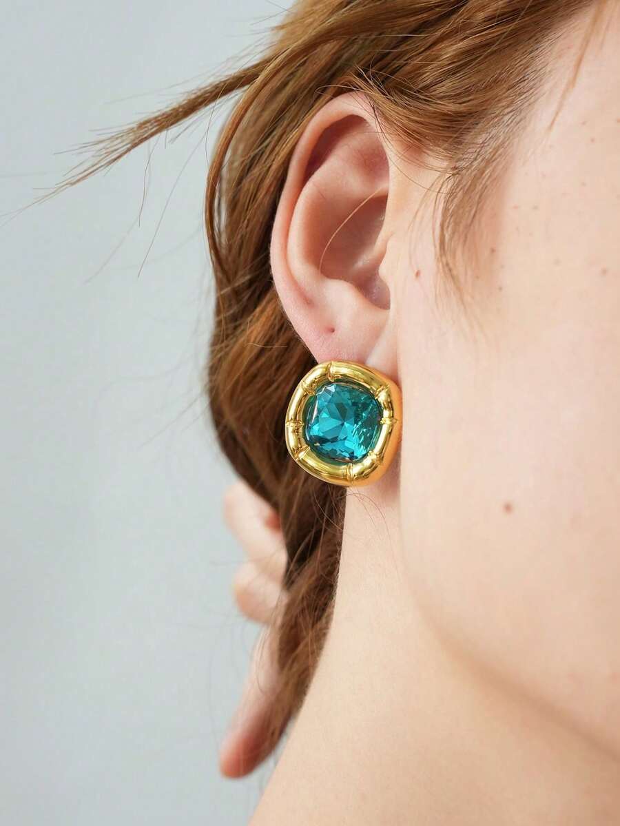 Frminee 1 Cặp bông tai đính đá Zirconia bằng thép không gỉ mạ vàng 18K cổ điển, Phụ kiện trang sức nữ, Trang sức phương Tây, Bông tai đính đá Zirconia khối trang trí, Hoàn hảo cho phụ nữ đeo như một phụ kiện hàng ngày hoặc quà tặng đám cưới - trời xanh - Xem 1